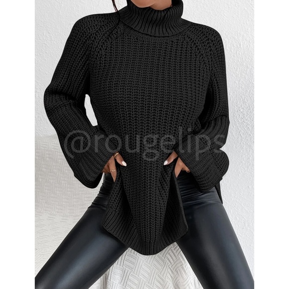 Casual Pullover Sweater Cable Knit Turtleneck  Black High Neck Long Sleeve - Picture 3 of 8